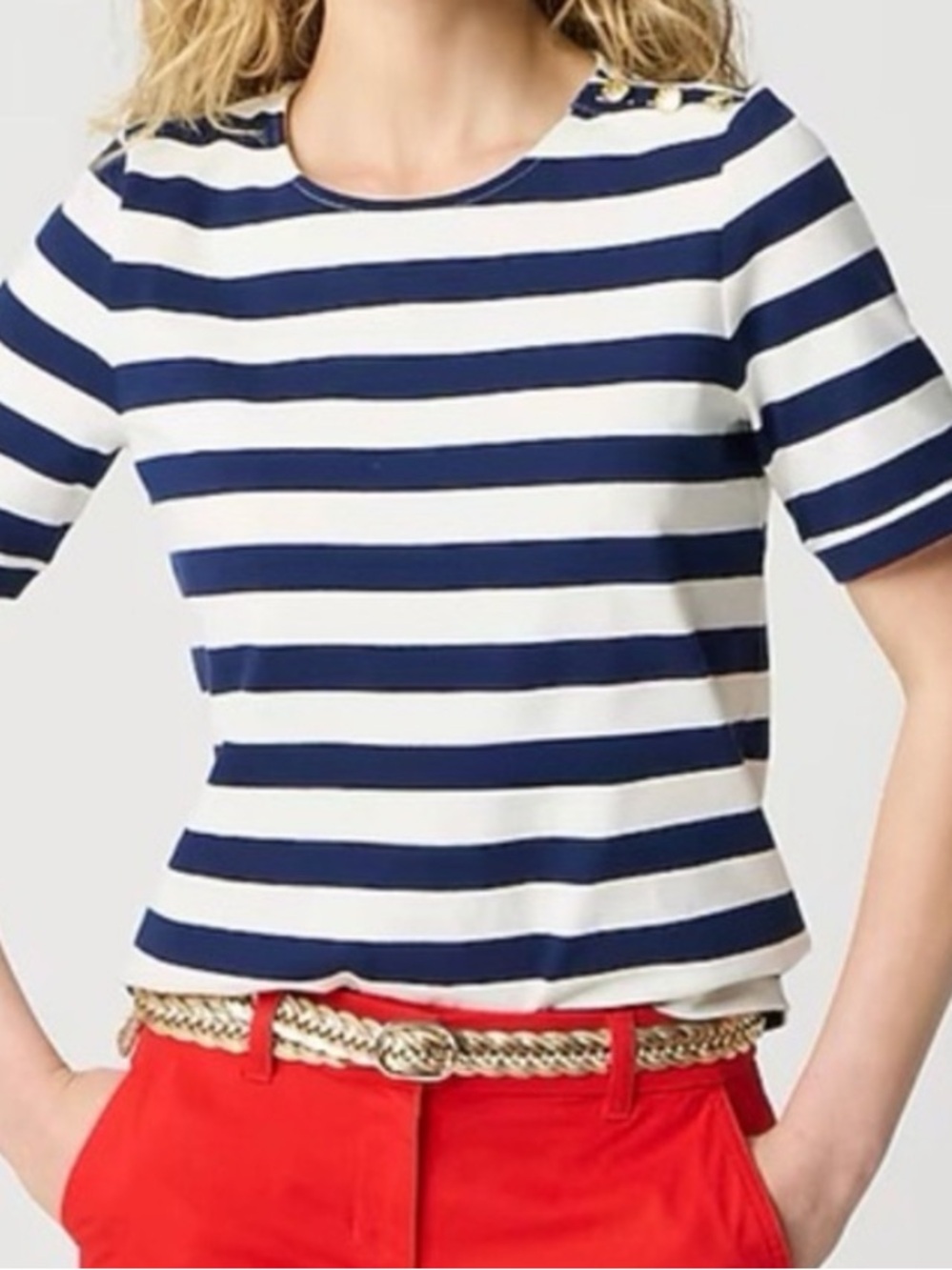 J Crew Striped Short Sleeve Top Gold Buttons Cotton Navy Blue Size XL